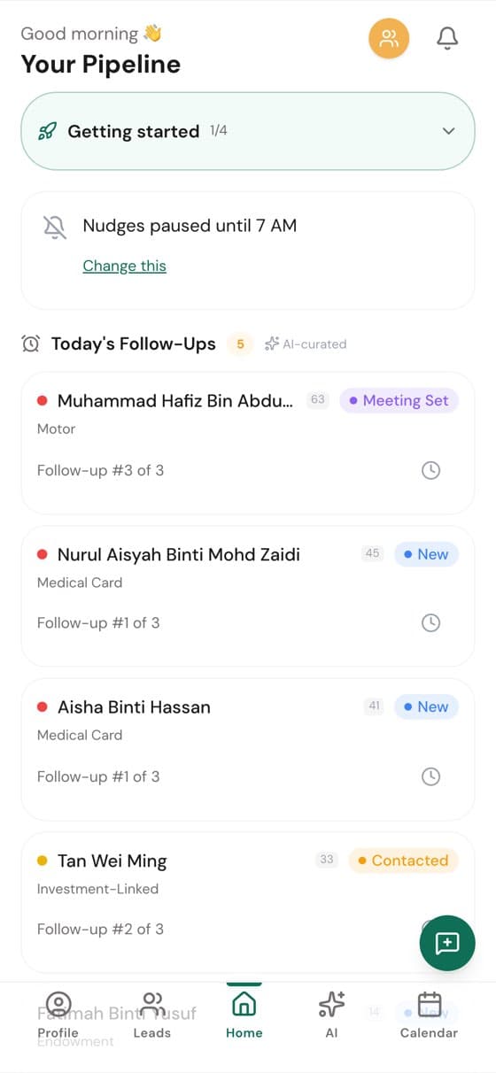 Skrin utama Pryonex App menyenaraikan susulan hari ini dengan peringkat setiap prospek dan tindakan seterusnya