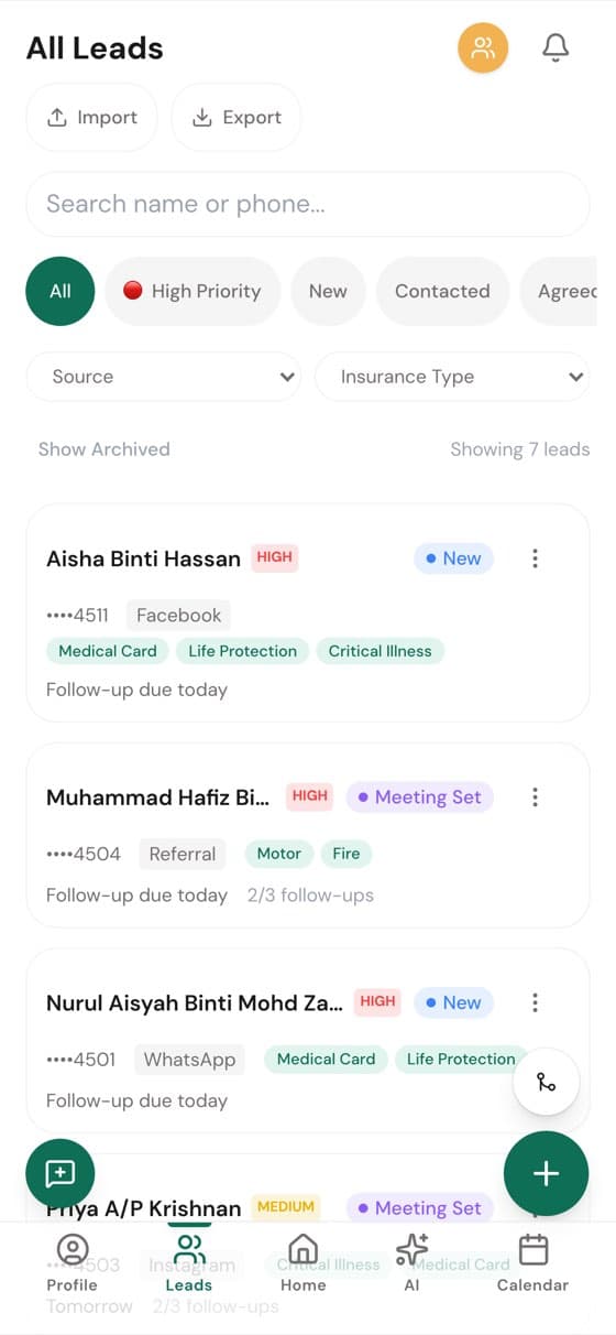 Senarai prospek Pryonex App menunjukkan setiap prospek dikumpulkan mengikut peringkat saluran