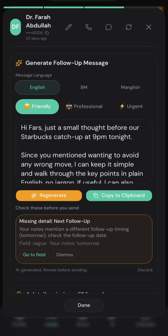 Pryonex App merangka mesej susulan, dengan kawalan bahasa dan nada mesej, serta notis bahawa teks itu dijana AI dan perlu disemak