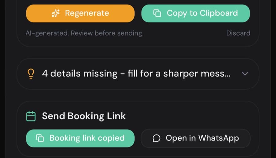 Perincian kawalan draf Pryonex App: tindakan Salin ke Papan Keratan, notis bahawa teks dijana AI dan perlu disemak sebelum dihantar, dan penyerahan Buka dalam WhatsApp