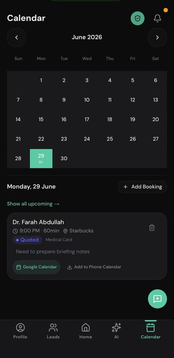Paparan kalendar Pryonex App menunjukkan pertemuan yang telah ditempah dan direkodkan bagi seorang prospek