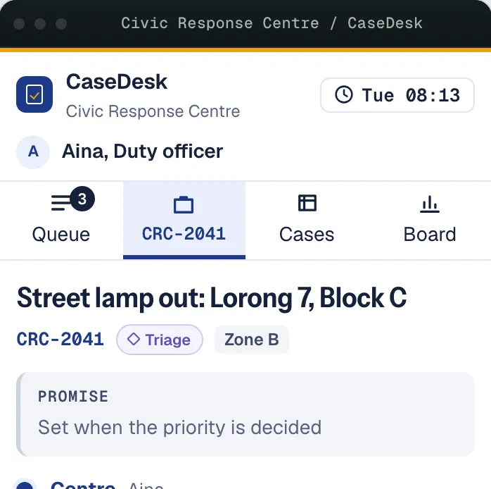 Case management and complaint intake: For an invented public-service centre: the Civic Response Centre
