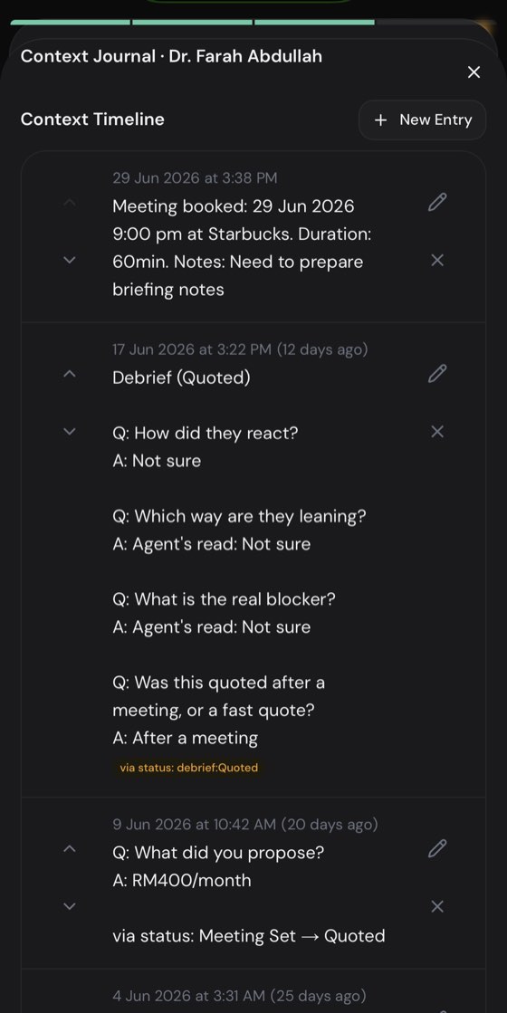 Pryonex App context journal showing the running history of notes and events recorded against a single lead