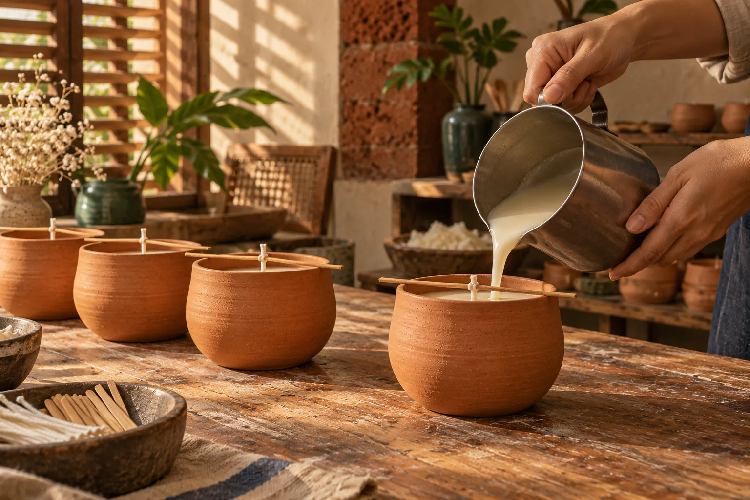 Hands pouring cream wax into a row of terracotta vessels on a teak workbench