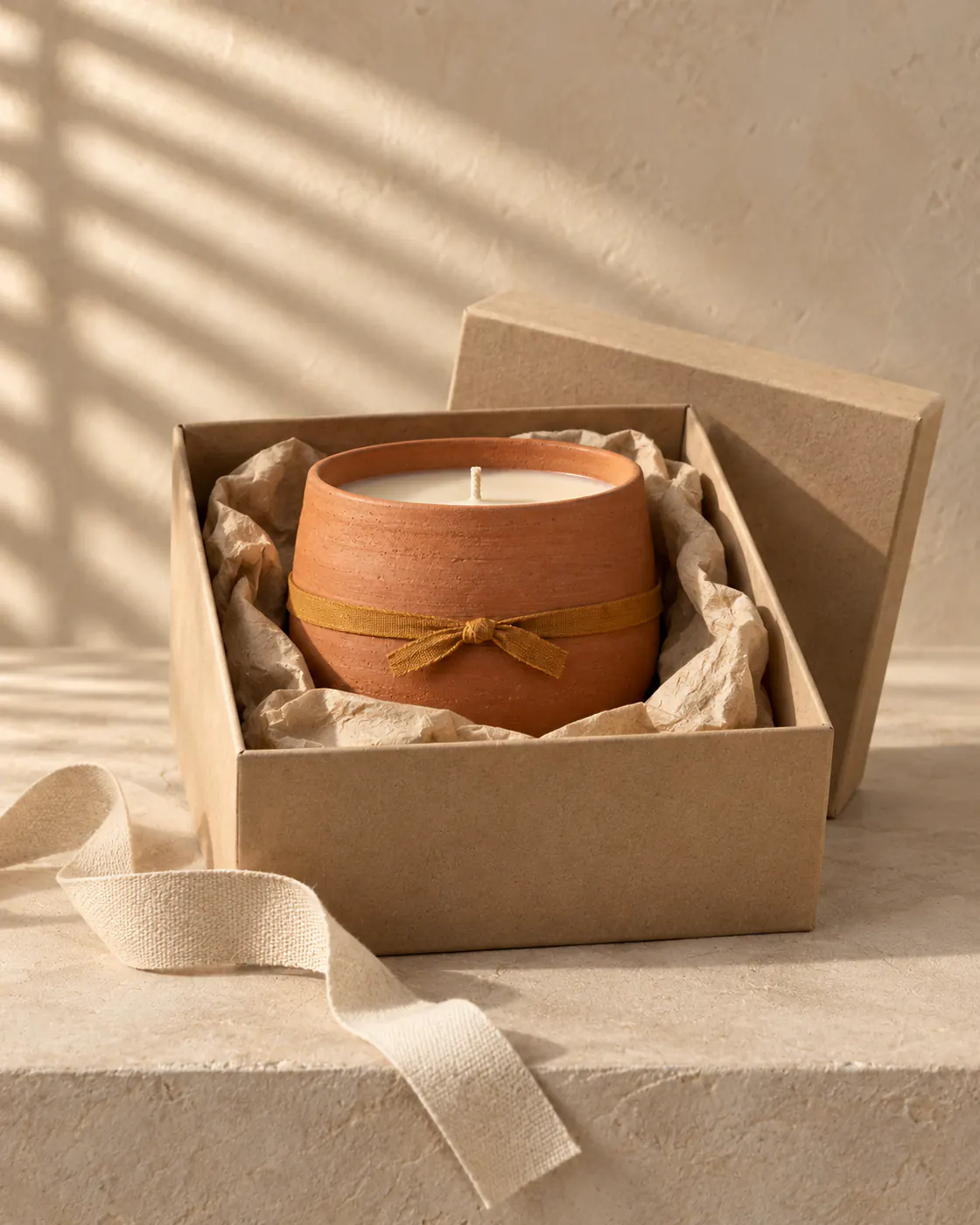 The kraft gift box, open, a terracotta candle nested inside
