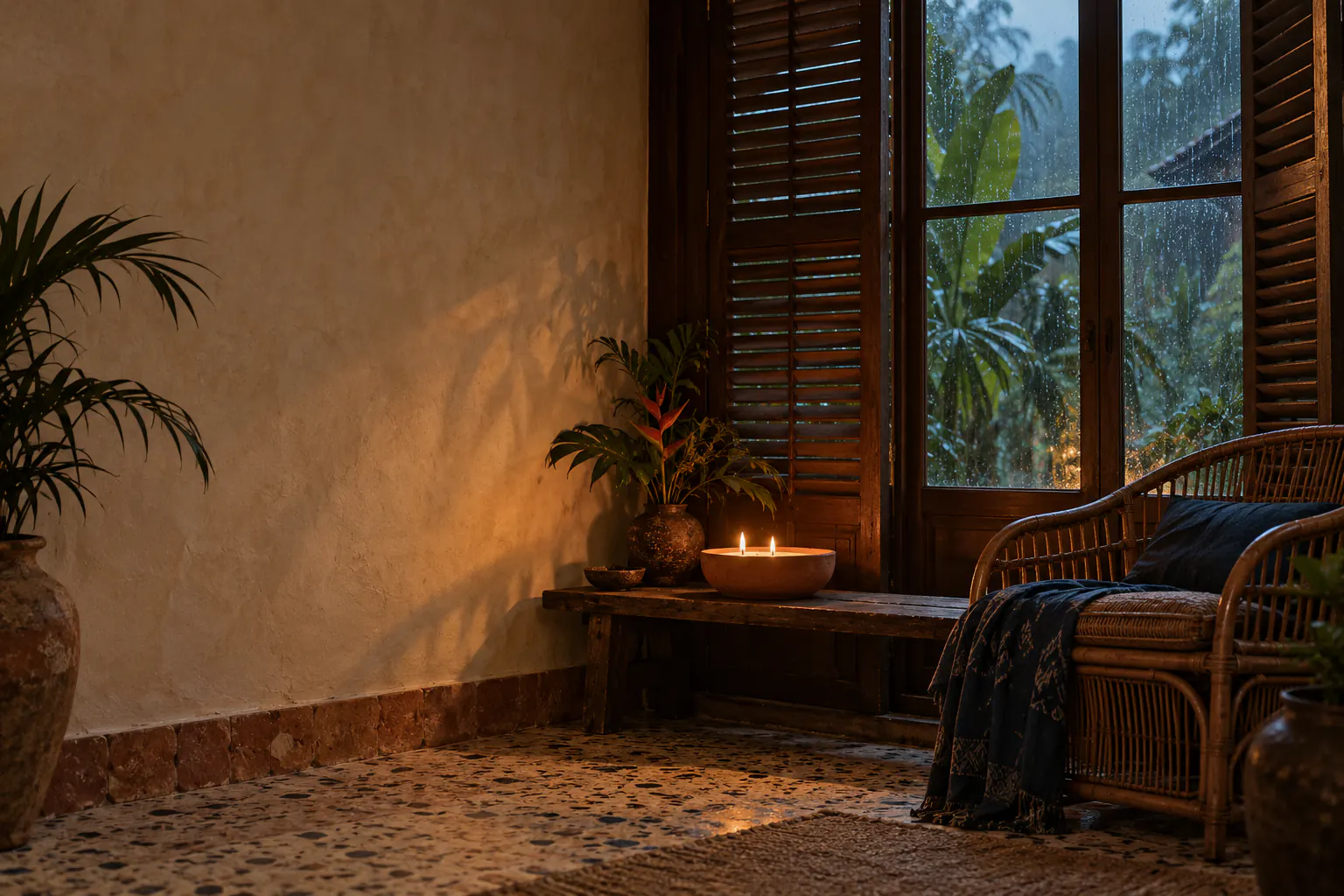 A shophouse room at dusk in a rainstorm: a two-wick candle lit on a teak bench beside a rattan chair