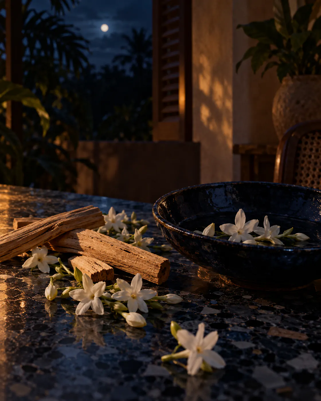 Night jasmine and sandalwood on dark terrazzo in moonlight