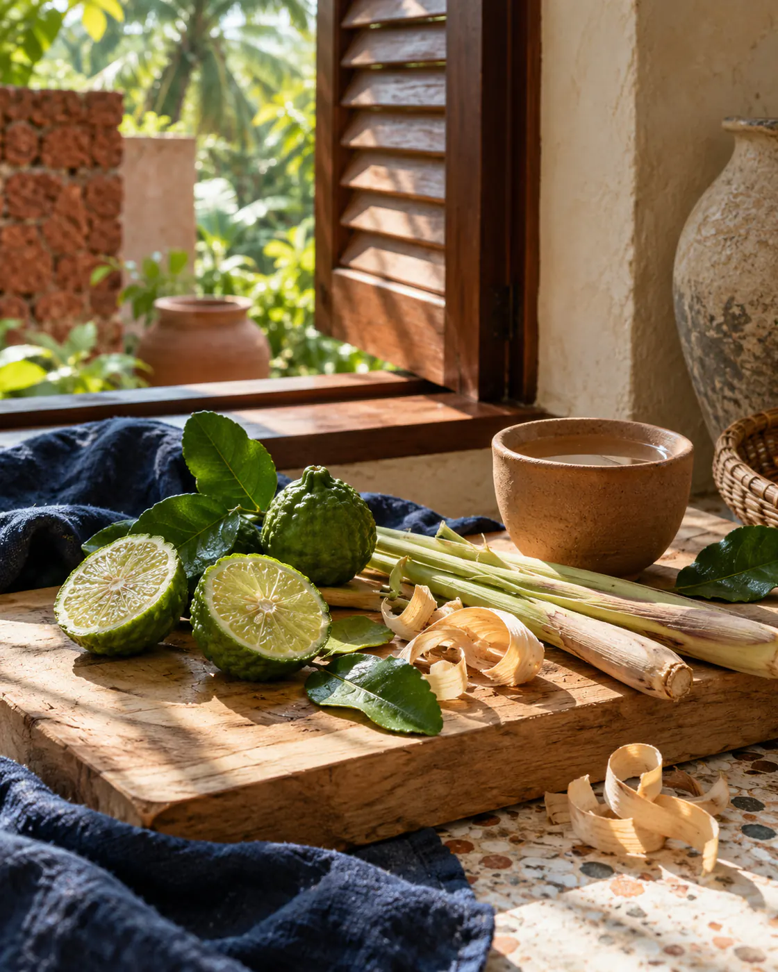 Kaffir limes, lemongrass and teak shavings on a teak board in morning light