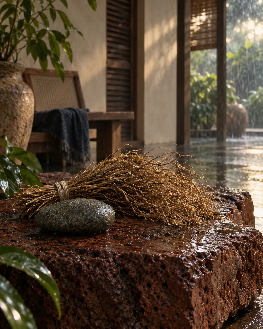 Vetiver roots and a river stone on wet red laterite in storm light