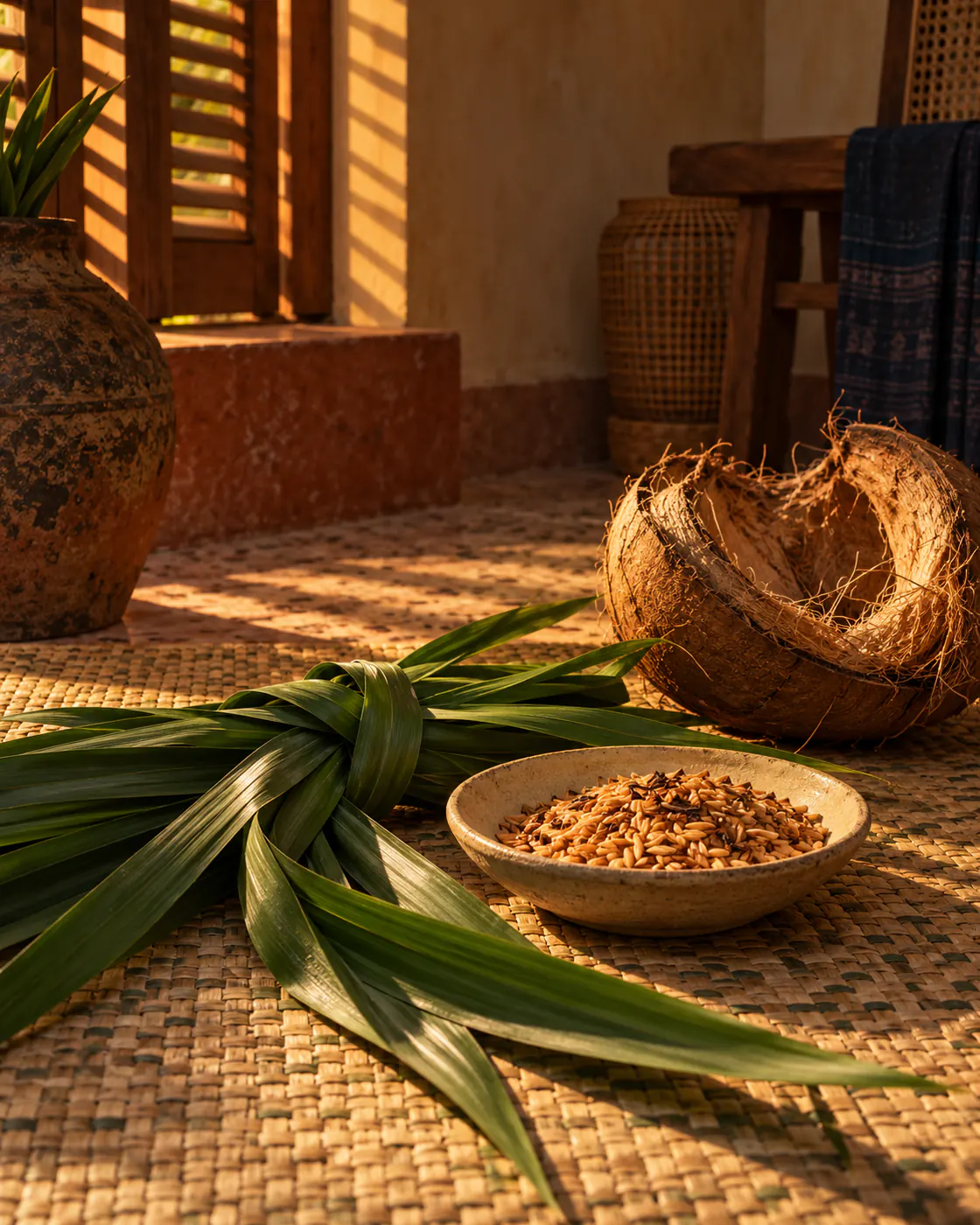Knotted pandan, toasted rice and a coconut husk on a woven mat at sunset